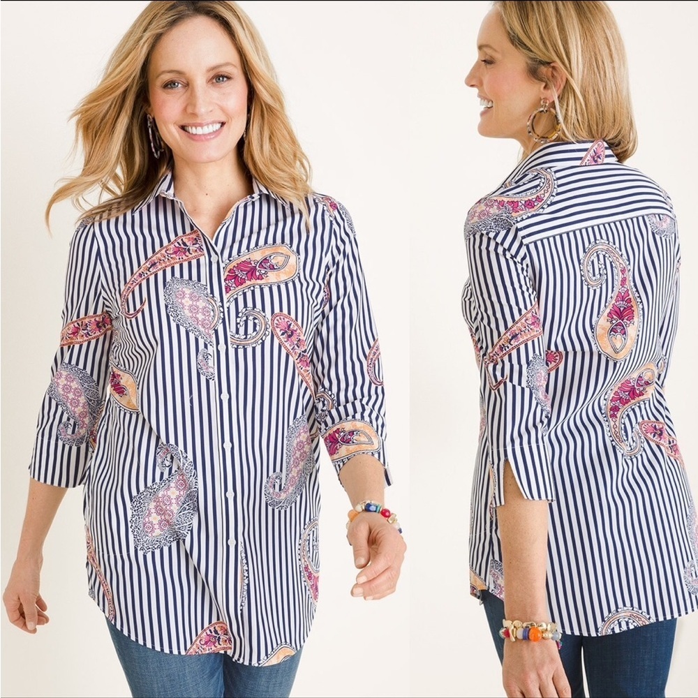 Chico’s‎ No-Iron Cotton Striped Mix-Print Pocket Tunic Size 8/10​